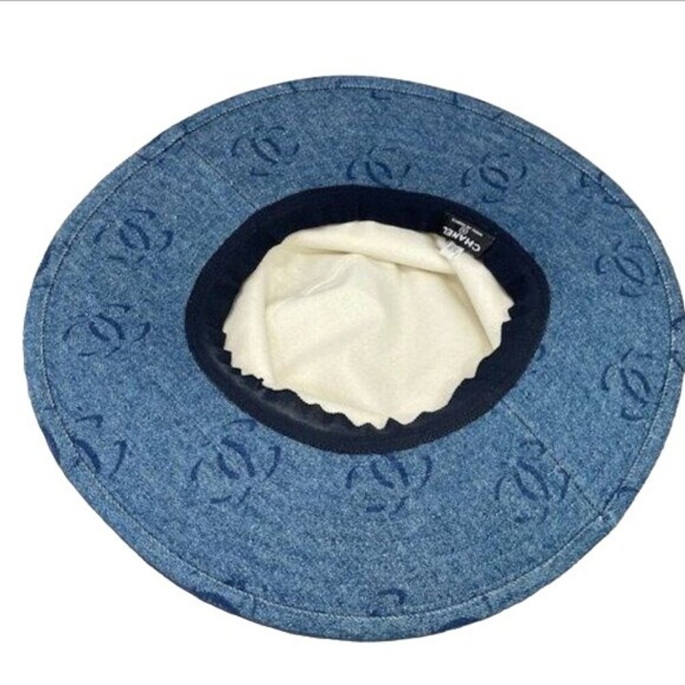 Authentic CHANEL CC Denim Hat Wide Brim Bucket Cap 58 Blue - Picture 4 of 5